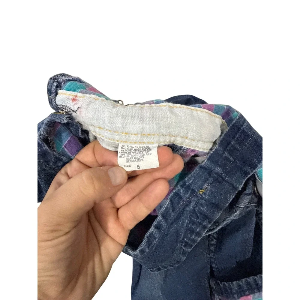 Vintage OshKosh B'gosh Vestbak Blue Purple Plaid Lined Denim Overalls Size 5